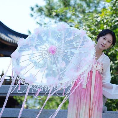 羽毛流苏具花伞CCQ花古风花瓣飘带伞刺绣帷幔边珠链古装照拍道手