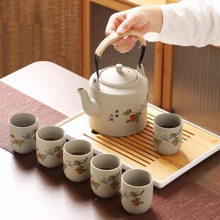粗陶提梁茶具套装陶瓷无釉素陶杯套组古朴茶侧SQ202400壶把盖壶碗