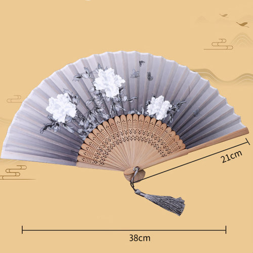 Chinese  Silk Folding Fan Wooden Shank Classical Dance Fan w