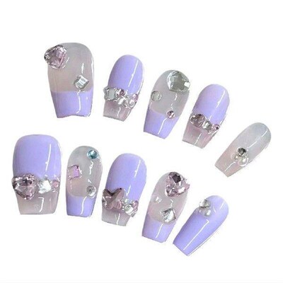 French Purple Fake Nails with Rhinestone Sweet & Charming
