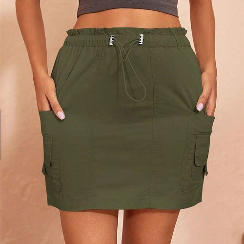Women Fashion Cargo Mini Skirt Vintage Preppy Elastic Paperb