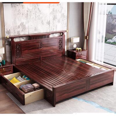 新式木床乌实金木HT-802床双人床1.8米2床米大床婚1.5m高箱储中物