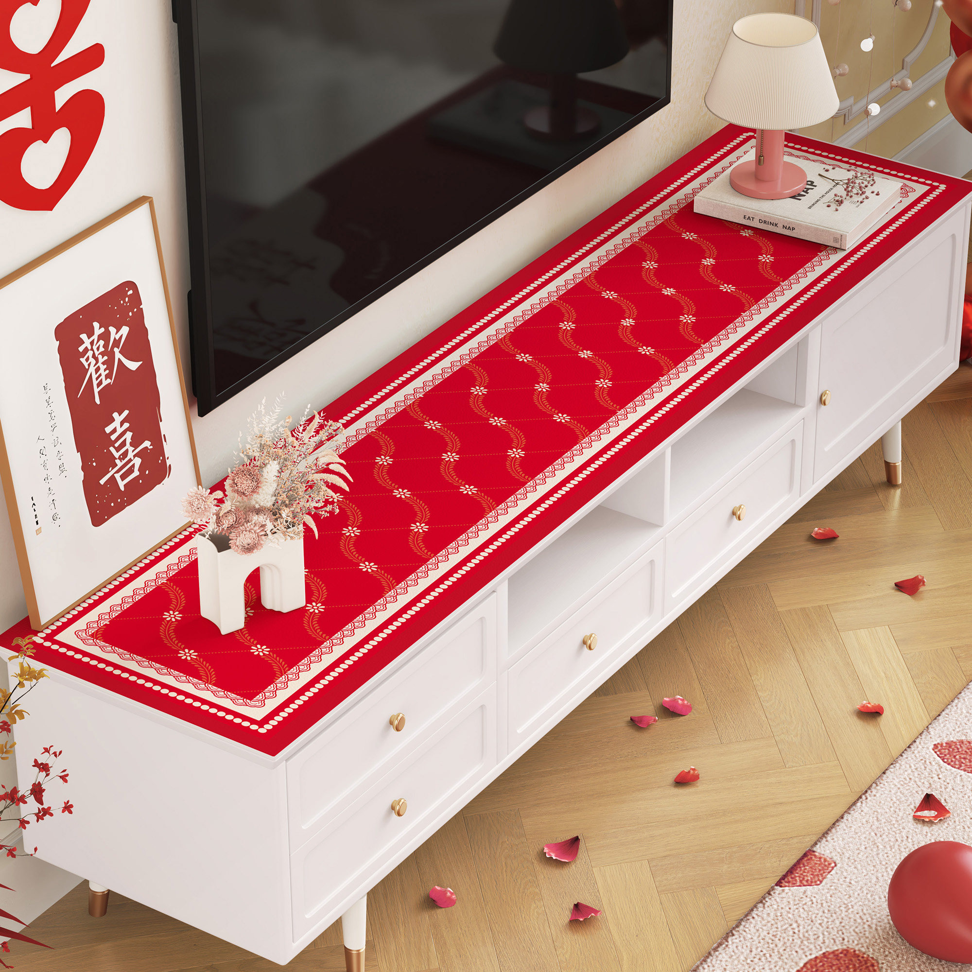 婚用喜庆电视柜垫防刮耐磨易清洁家用婚房布置中式红色台面装饰垫,居家布艺,桌布,淘宝优惠券,粉丝福利购,淘宝优惠卷