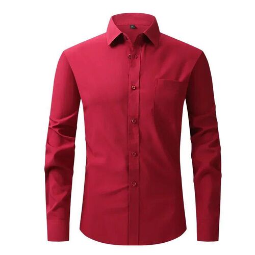 Red Mens Long-sleeved Shirt, Single-breasted Square Collar