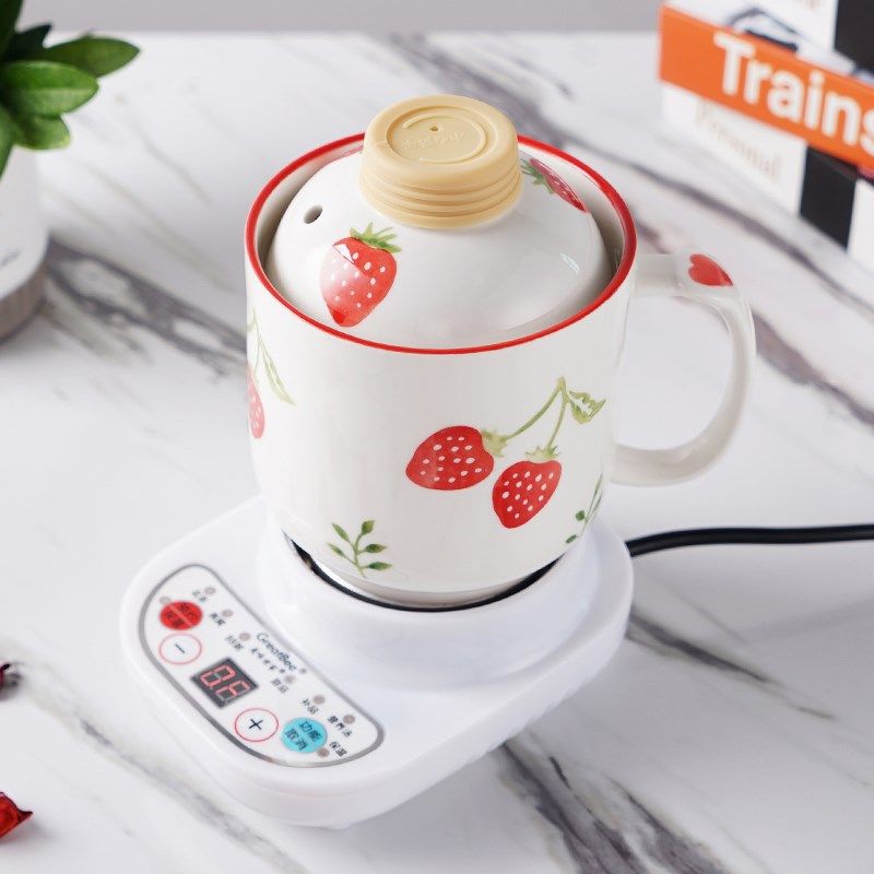 便携式养生杯电炖电热杯草莓陶瓷杯迷你多功能煮粥杯加热牛奶水杯