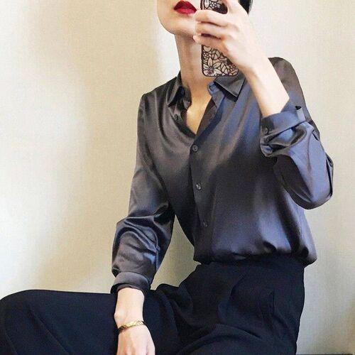 Heavy Satin imitatoon Silk Shirt Womens Autumn New High-end