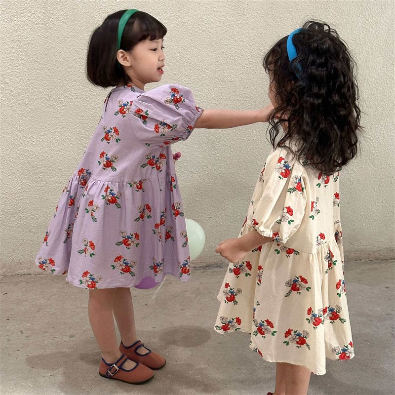 Girls Summer Dress Puff Sleeve Cotton Flower New Childrens图片