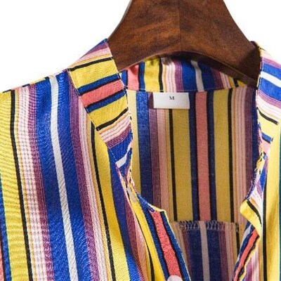 Mens Summer Cotton Stand Collar Fit Hawaii Fashion Striped