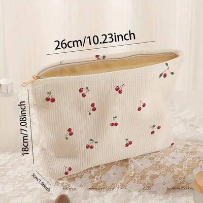 Cherry printed corduroy makeup bag, lightweight zipper makeu
