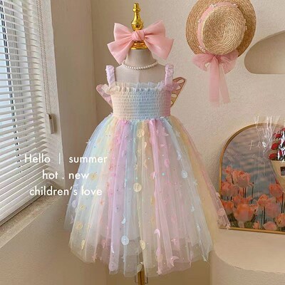 2023 Kids Dress Girl Summer Dress Rainbow Butterfly Wings Fl