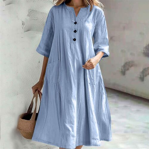 Womens Dress Womens Mid-length V-neck Half-sleeve tton-lin