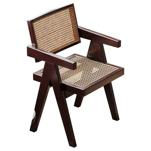 恬梦家居昌迪加尔休闲阳台椅全实木k字椅客厅小沙发复古中式藤编