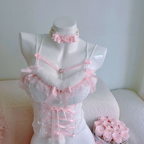 Cute Crop Top Women Summer Lace Trim Bow Decoration Sweet an