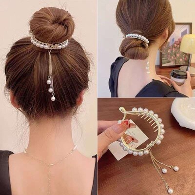 New Pearl Rhinestone Tassel Hairpin Womens Back of Head Bal