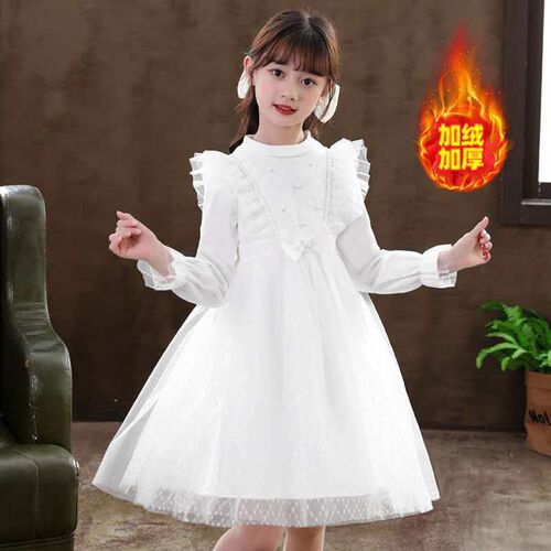 Girls Dress Winter New Lace White Princess Dress Bow Fleece