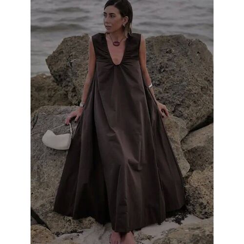 Summer Cotton Linen Women Long Dress Solid V-neck