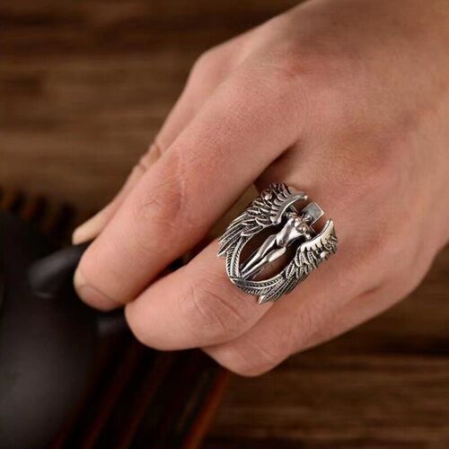 Mens retro ring Jesus cross angel wings hipster domineering