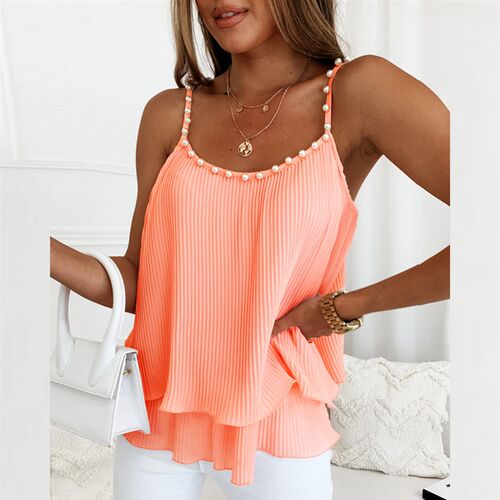 Women Summer Pearls Strappy Sleeveless V-neck Chiffon Tank C