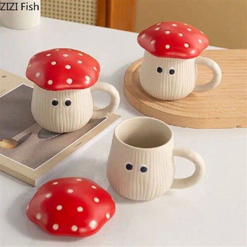 Cute Red Mushroom Mug with Lid Nordic Home Breakfast Milk
