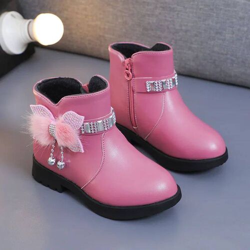 Childrens Shoes Girl Mid Length Warm Leather Boots Baby Bow