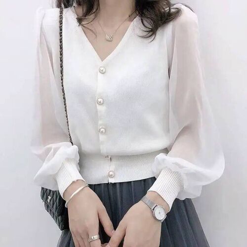 XEJ Chiffon Blouse Korean Fashion Office Clothes Knitted Top