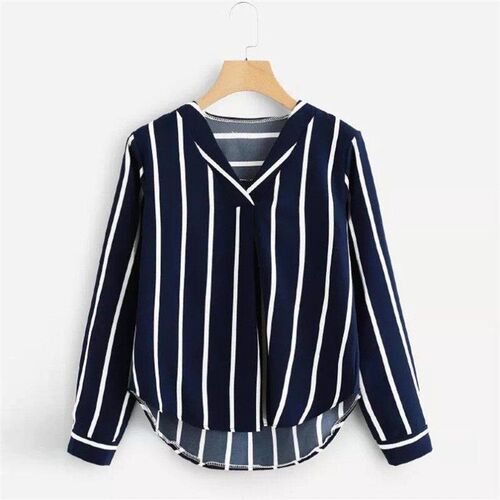 Autumn Long Sleeve V Neck Irregular Stripe Shirt Women Casua