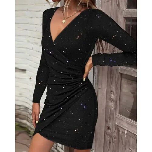 Elegant Black V-Neck Long Sleeve Mini Dress with Glitter