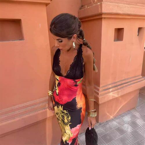 Lace print bag buttocks backless dress