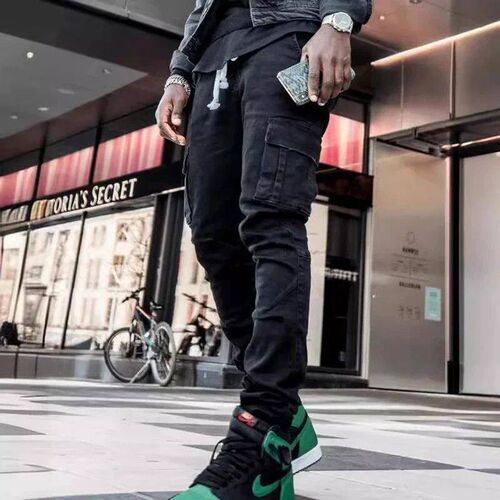 Men Sreet Elastic Denim Jeans Wash Solid Color Multi Pockets