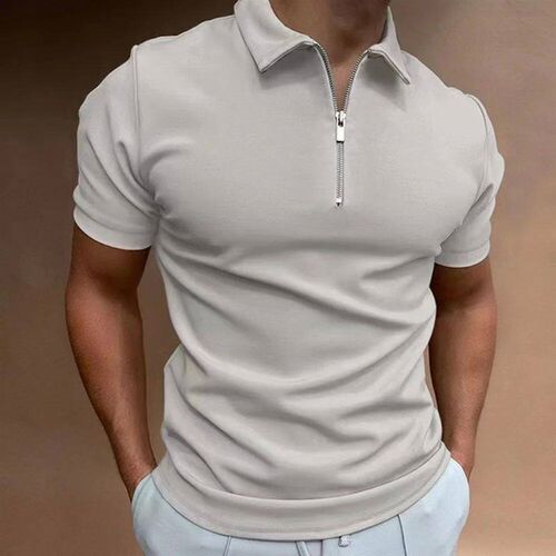 Mens solid color Polo shirt Short sleeve zip collar