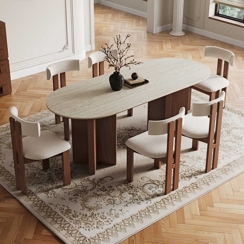中古风洞石实木岩板餐桌椅轻法式椭圆吃饭桌椅组合小户型胡桃色桌,住宅家具,岩板餐桌,淘宝优惠券,粉丝福利购,淘宝优惠卷