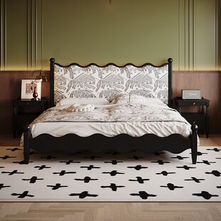 新款 复古纯实木床 中古风实木床白蜡木涟漪床1.8米主卧双人床法式