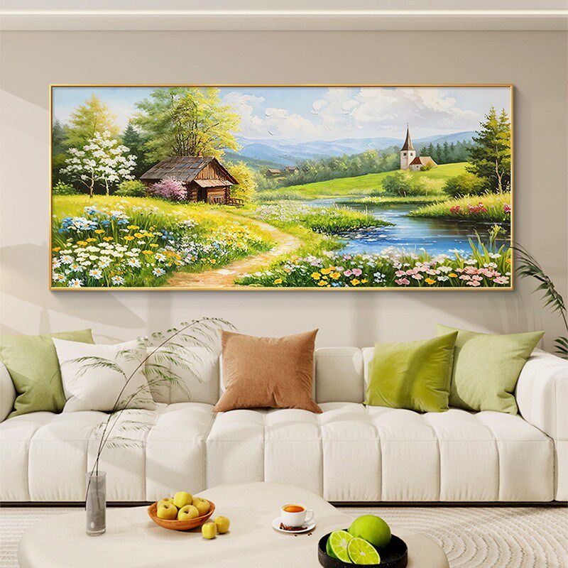 春暖花开客厅装饰画山水风景手绘油画沙发背景墙挂画2025新款壁画