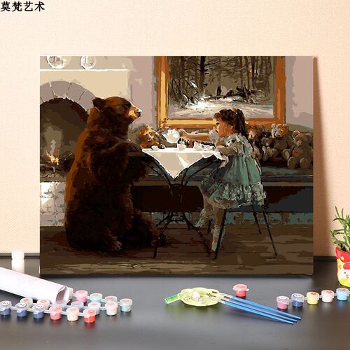 数字油画diy填充手工温馨治愈系油画小女孩和熊填色油彩丙烯画画