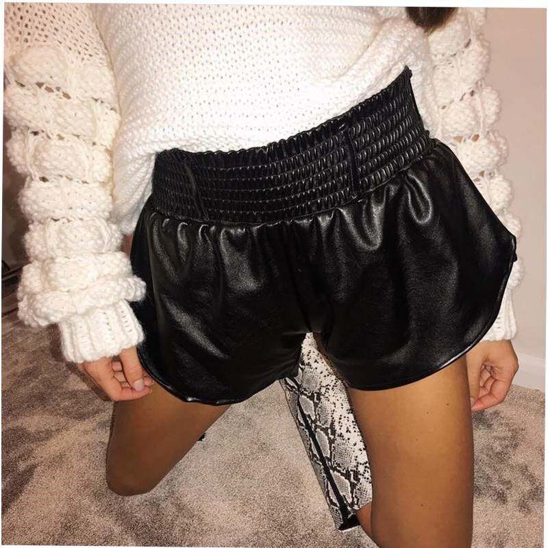 Black Faux Leather Biker Shorts Women Elastic High Waist Wid - 实物图