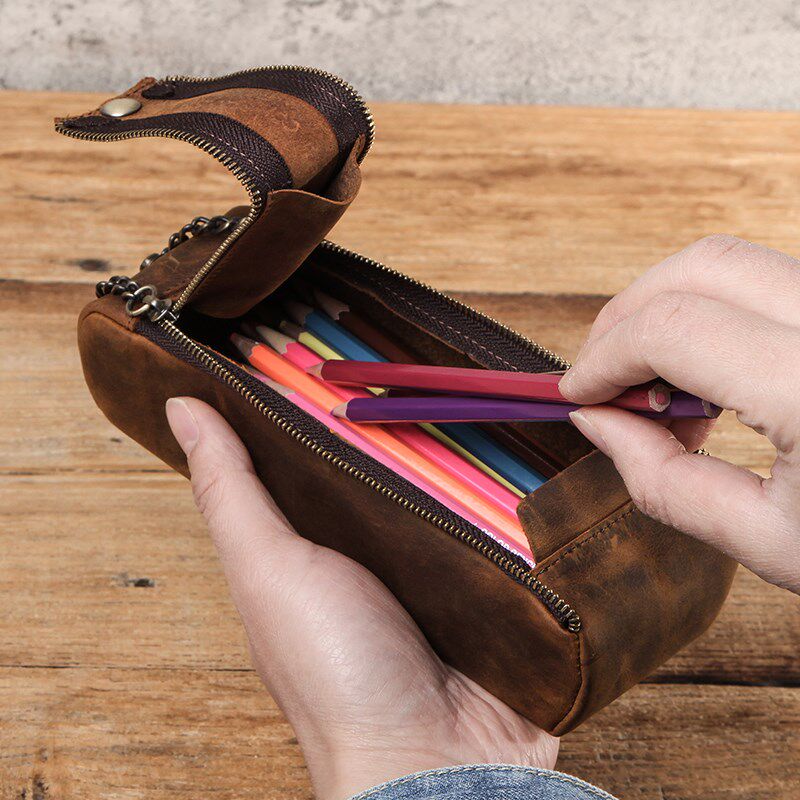 CONTACTS FAMILY Leather Zipper Pen Pencil Case Bag Handmade - 实物图