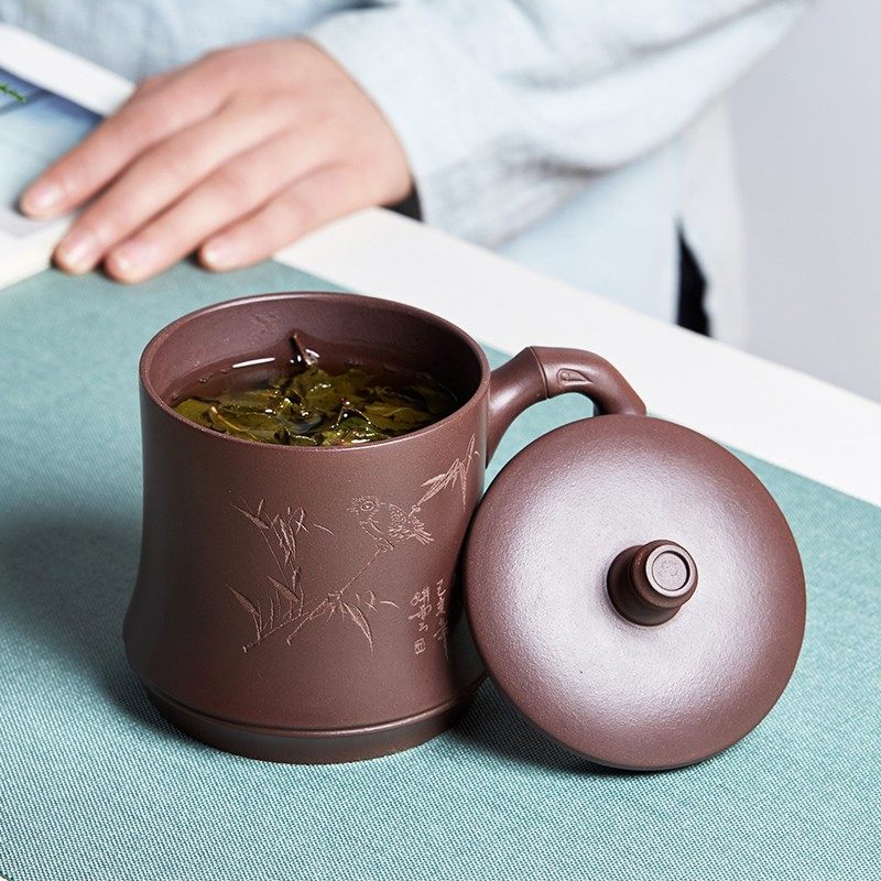 尊壶宜兴紫砂泡茶杯原矿紫泥盖杯办公大容量带把杯子竹节陶瓷水杯