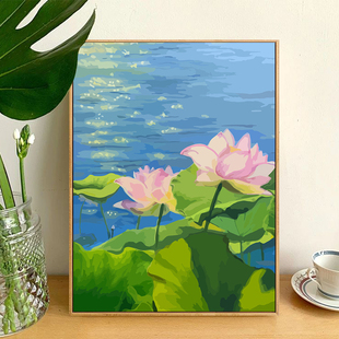 夏日荷花莲花diy数字油画花卉填色油彩画高级感手工丙烯风景填充
