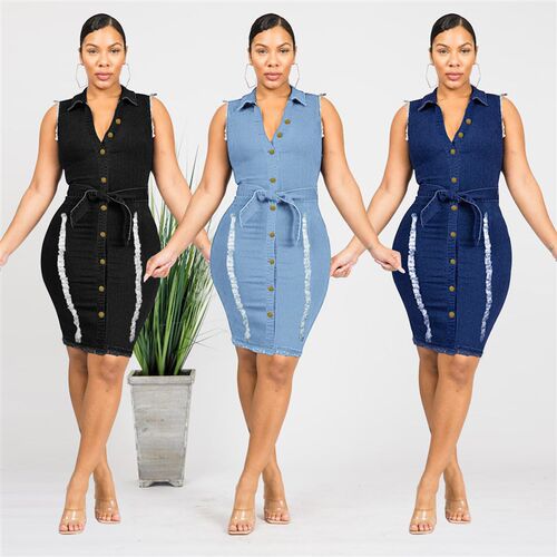 Summer New Woman Sleeveless Ripped Denim Dress Fashion Slim