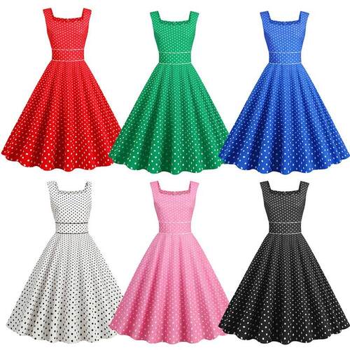 Vintage Polka Dot Print Party Dress Women Retro Housewife Ev
