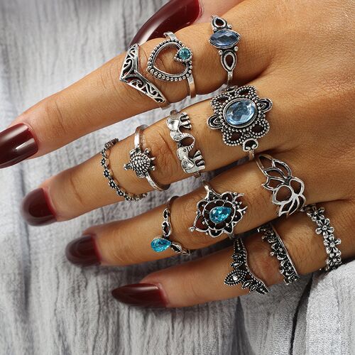 15pcs/set Hiphop Women Rings Sets Blue Crystal Antique Color