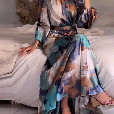 Colorful Printed Pleated Dress Women Half High Collar Long L