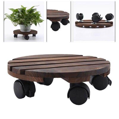 Potted Plant Stand Flower Pot Wooden Trolley 360 Degree
