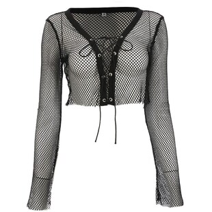 2025 Fashion Sexy Mesh Seethrough Womens Tops Long Sleeve Ti