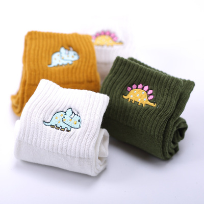 Cute Women Embroidery Dinosaur Cotton Socks white Lovely Car