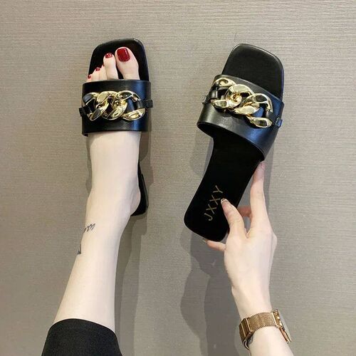 2024 New Fashion Womens Slippers Square Toe Chain Slippers