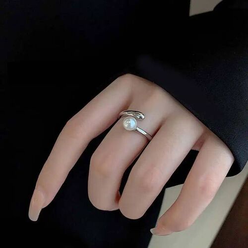 Korean Silver Color Pearl Open Adjustable Ring for Women Sim