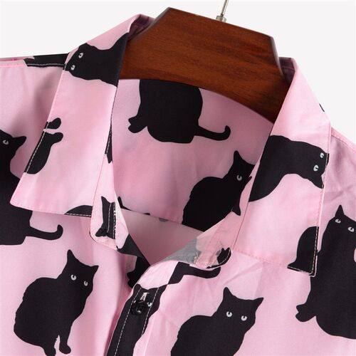Mens Pink Shirt Black Cats Print Aloha Shirts Short Sleeves