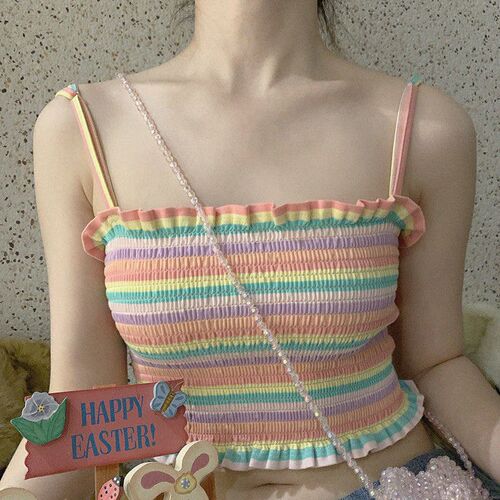 Woman Vest Strap Sleeveless Elastic Waist Broken Flower Prin