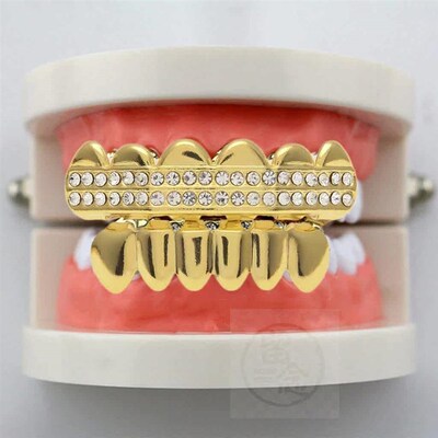 -hiphop hip-hop braces double row diamond-encrusted real gol